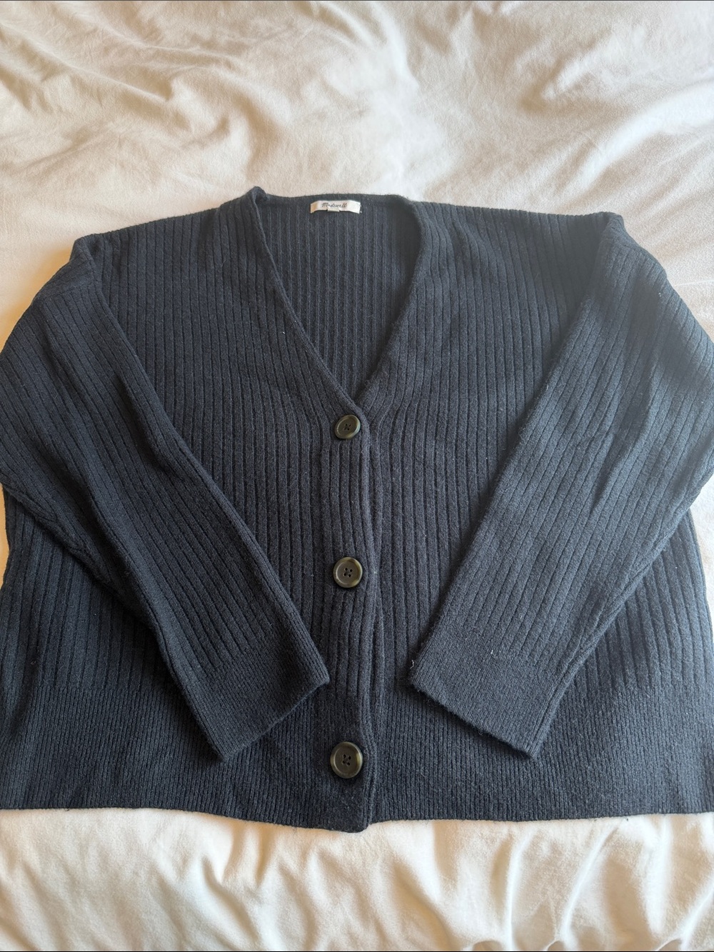 Madewell True Black Ribbed V-Neck Button Cardigan Sweater